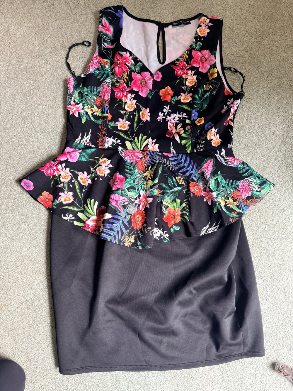 Fashion to Figure Black Midi Dress with Pink & Green Floral Peplum